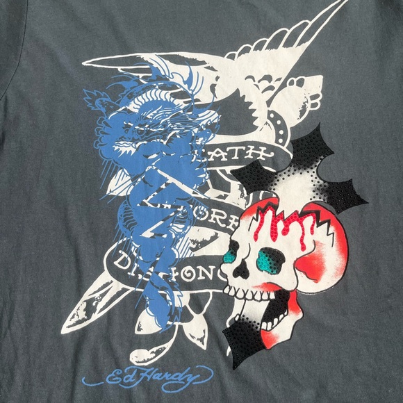 NWT Ed Hardy Embellished Skull Eagle T-shirt Men’s Large Charcoal Gray Y2K - Picture 4 of 8